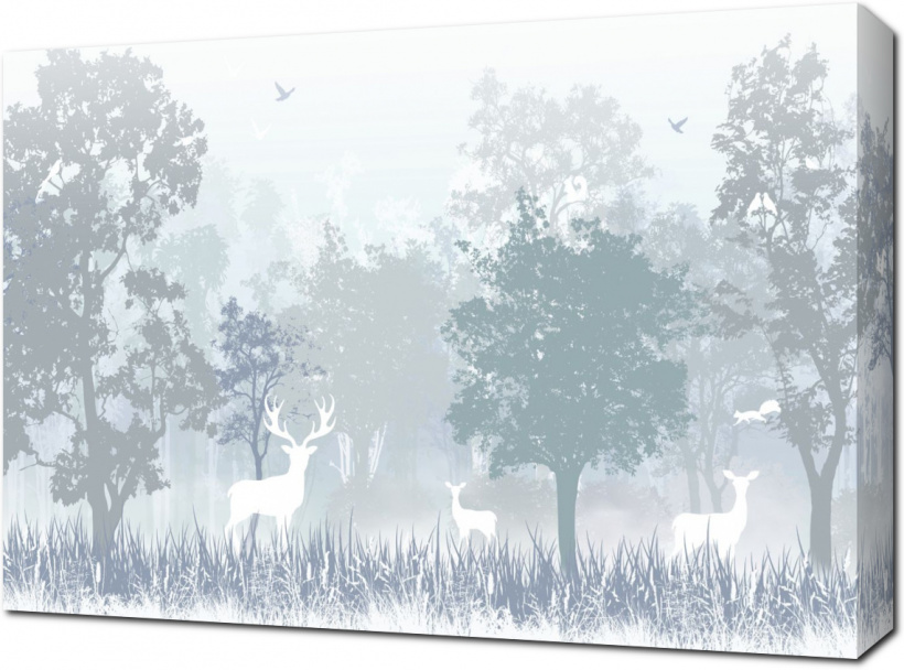 Олени в голубом туманном лесу
