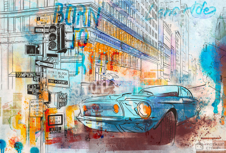 Городской стиль: голубое авто на фоне цветного здания