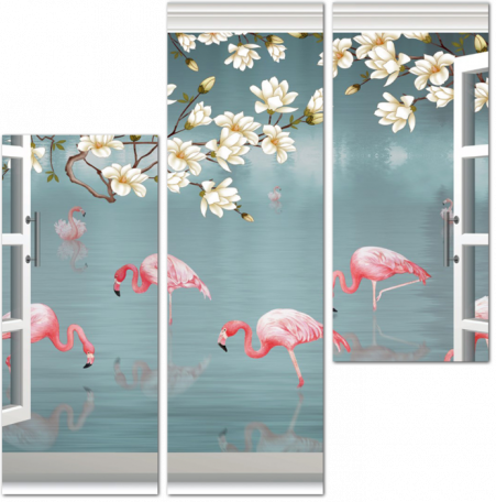 Декоративные фламинго за окном
