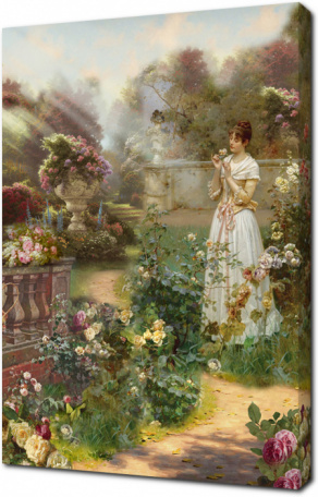 Фреска с девушкой в саду с розами