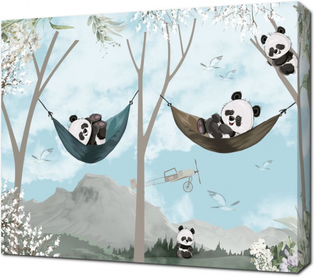 Веселые панды в гамаках среди ветвей