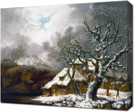 Джордж Смит — Зимний Пейзаж с домиком и деревом, где много снега