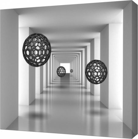 3D Парящие в туннеле темные шары с отверстиями