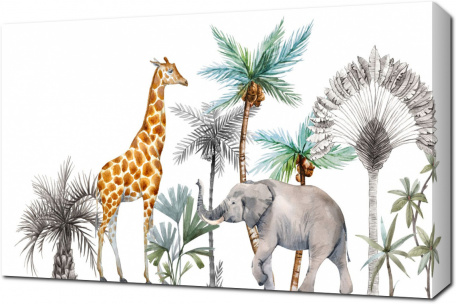 Жираф и слон на фоне пальм