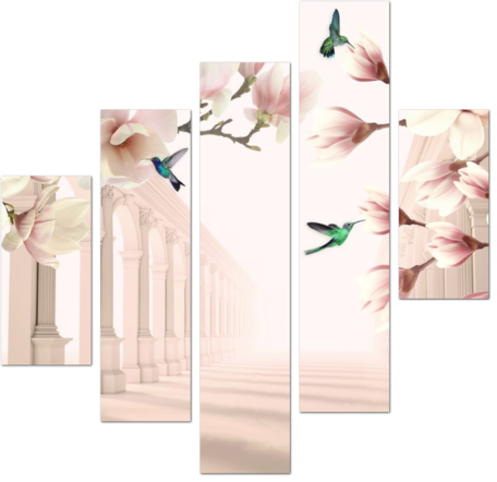 Цветы магнолии 3D с колибри