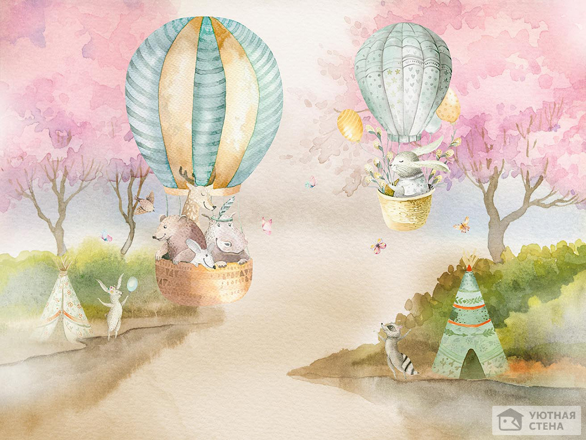 Акварельный лес с животными на воздушных шарах