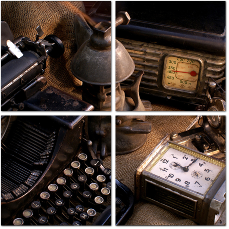 Натюрморт со старой камерой, радио и печатной машинкой