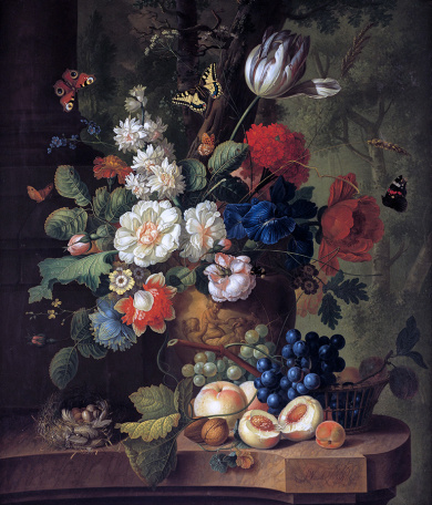 Ян ван Ос — Фрукты и цветы в терракотовой вазе