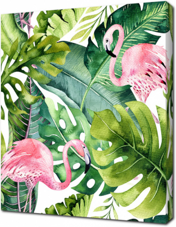 Акварельные фламинго и тропические листья