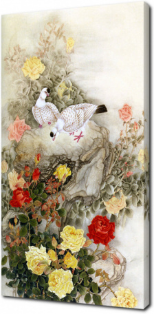 Романтичная гравюра с птицами и розами