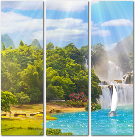 Озеро с водопадами под ярким солнцем