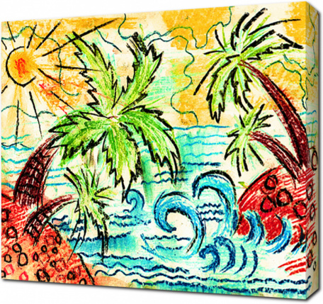 Детский рисунок с морем и пальмами