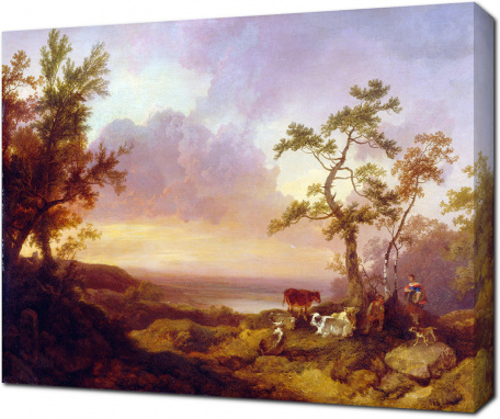 Филипп Джеймс де Лоутербур — Пейзаж со скотом и крестьянином