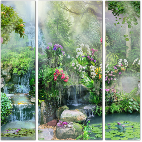 Сад с экзотическими цветами и водопадом