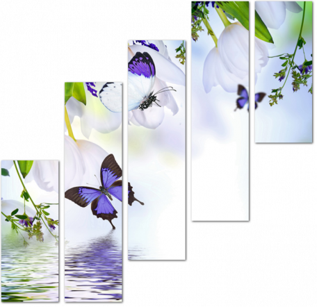 Синие бабочки и белые тюльпаны