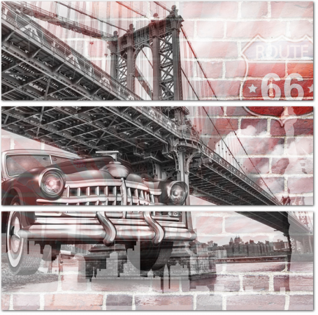 3D Ретро автомобиль и Бруклинский мост на фоне кирпичной стены