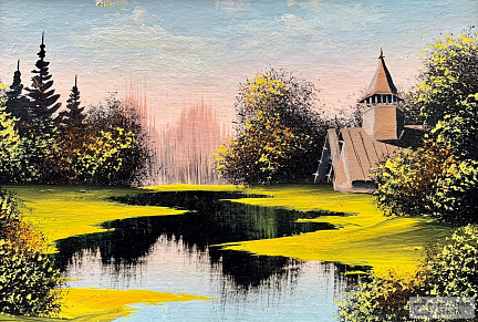 Пейзаж с прудом и деревянной церквушкой