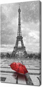 Красный зонт на фоне черно-белой Эйфелевой башни