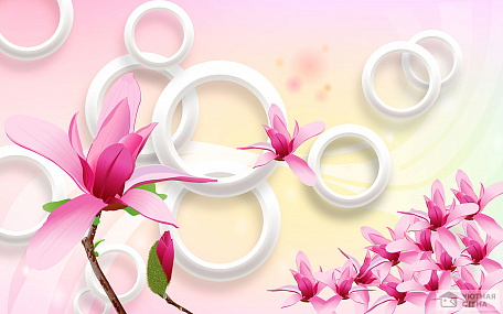 Лилии и белые кольца на нежном розово-желтом фоне