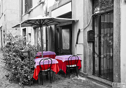 Красные скатерти столов на черно-белом фото кафе