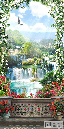 Украшенный цветами балкон с видом на водопад