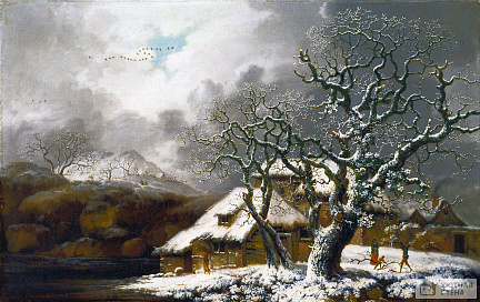 Джордж Смит — Зимний Пейзаж с домиком и деревом, где много снега