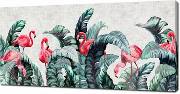 Яркие фламинго в тропических листьях