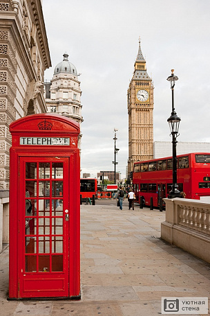 Фотообои Красная телефонная будка на фоне Биг-Бена. Лондон. Англия