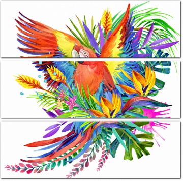 Экзотическая иллюстрация попугая в цветах. Акварель