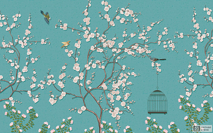 Сакура с цветами и птицами