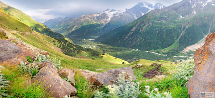 Фотообои Долина среди гор с лесом и зеленым лугом