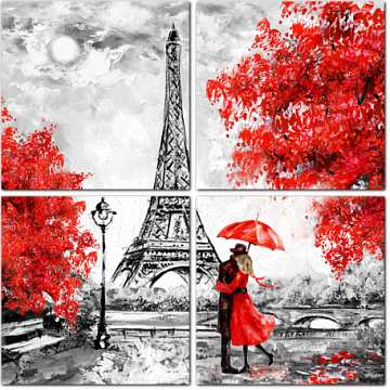 Пара под зонтом на фоне Эйфелевой башни в Париже. Картина Маслом