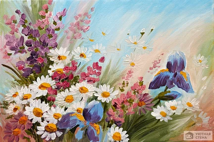 Ромашки и ирисы в букете