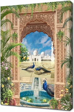 Вид на мечеть и павлинов через арку в восточном стиле