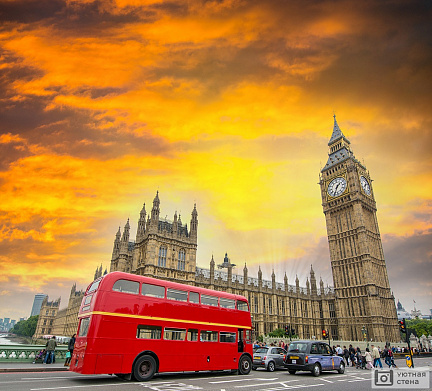 Фотообои Красный двухэтажный автобус под Вестминстерским дворцом