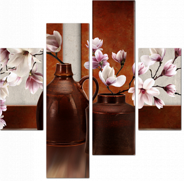 Цветы магнолии в глиняных вазах
