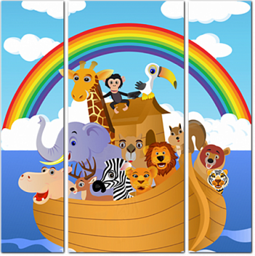 Животные на деревянной лодке на фоне радуги