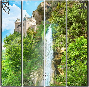Вид с балкона на замок с водопадом