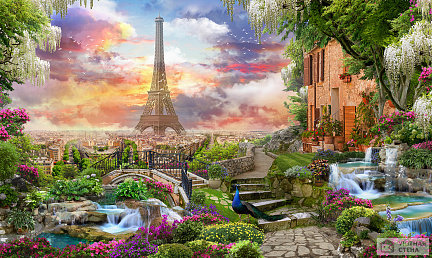 Фотообои Цветущий сад с видом на Эйфелеву башню