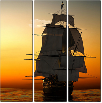 Корабль с парусами в море на закате