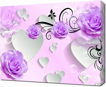 Пурпурные 3D розы и сердечки
