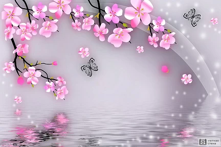 3D Цветущая ветка и бабочки