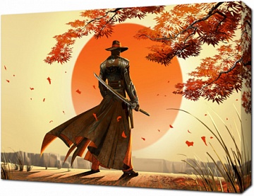 Японский самурай на фоне восходящего солнца