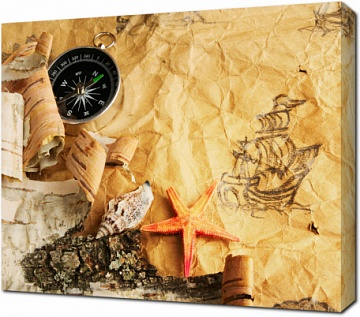 Натюрморт, античная карта, раковины, морские звезды и компас