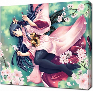 Девушка аниме лежит под цветущей сакурой