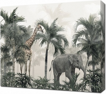 Слон и жираф в джунглях