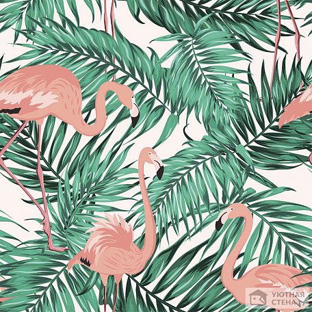 Пальмовые листья и розовые фламинго на белом фоне
