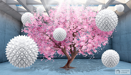 Белые шары вокруг цветущего дерева