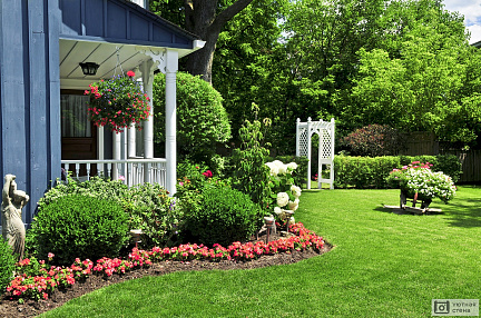 Благоустроенный двор дома с цветами и зеленым газоном