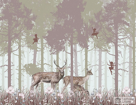 Семья оленей в лесу в окружении фей